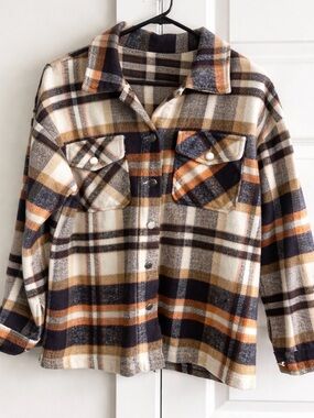 Plaid Shacket Jacket Womens L Oversized Fleece Blue Orange Fall Cozy